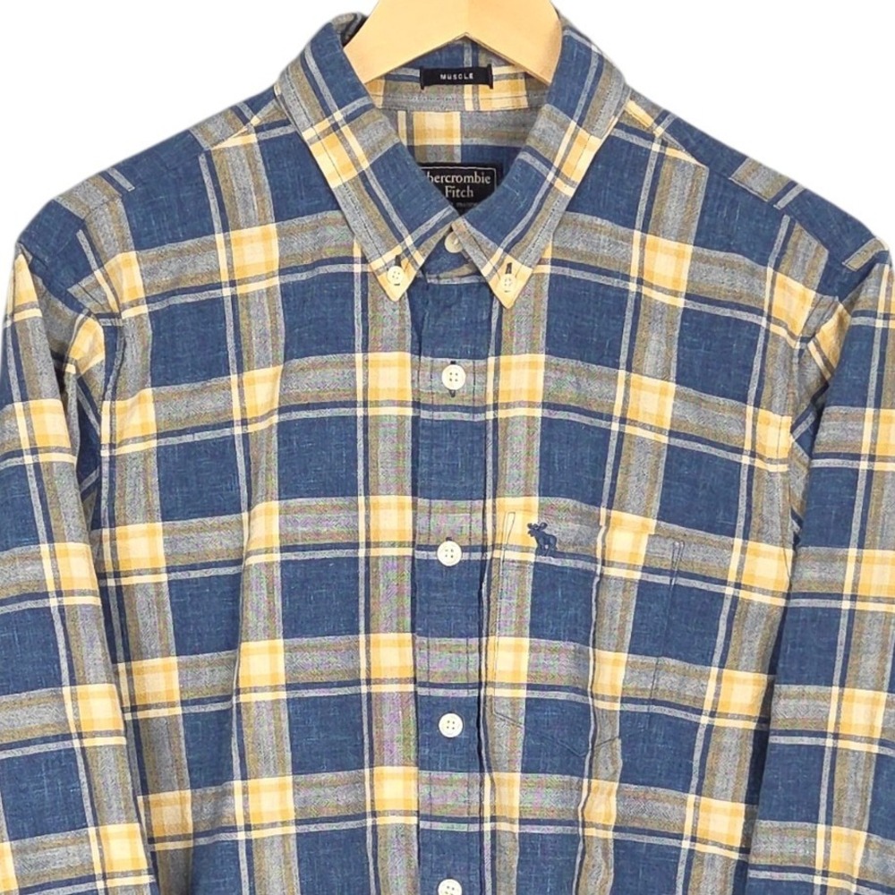 Abercrombie & Fitch Button Down Shirt Mens Large Blue Yellow Plaid Muscle Fit